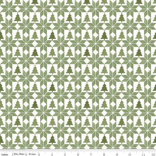 Cotton quilting fabric pattern called 'Patchwork in Green'. Part of the 'Magical Winterland' fabric collection. Designed by Lisa Audit for fabric company Riley Blake. SKU: C14946-GREEN. 44-45 inch width.