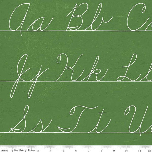 Cotton quilting fabric pattern called 'Penmanship in Green'. Part of the 'Old School' fabric collection. Designed by Janet Wecker-Frisch for fabric company Riley Blake. SKU:  C14964-GREEN. 44-45 inch width.