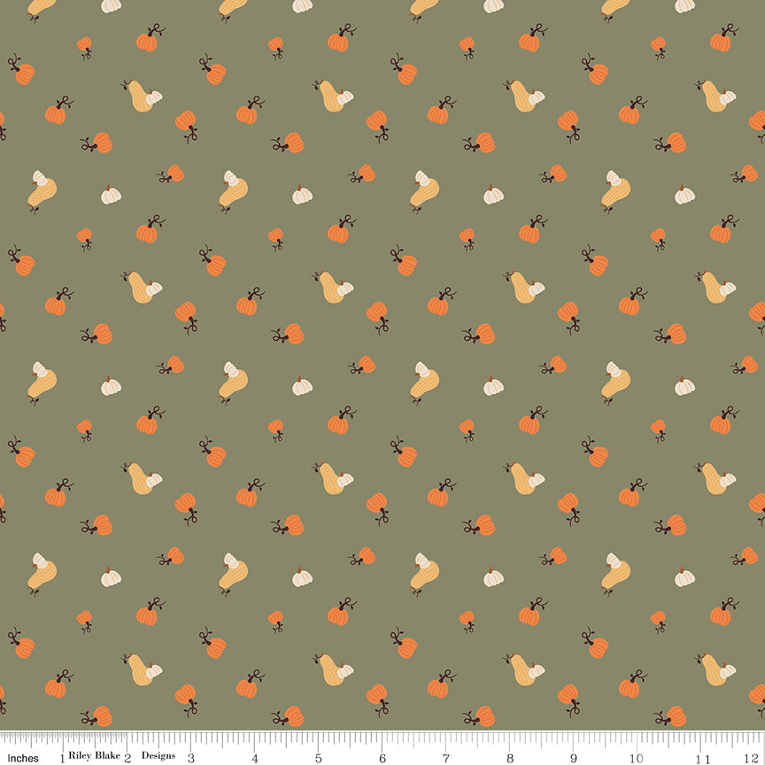 Cotton quilting fabric pattern called 'Pumpkins in Olive'. Part of the 'Pumpkin Spice' fabric collection. Designed by Simple Simon & Company for fabric company Riley Blake. SKU: C14993-OLIVE. 44-45 inch width.