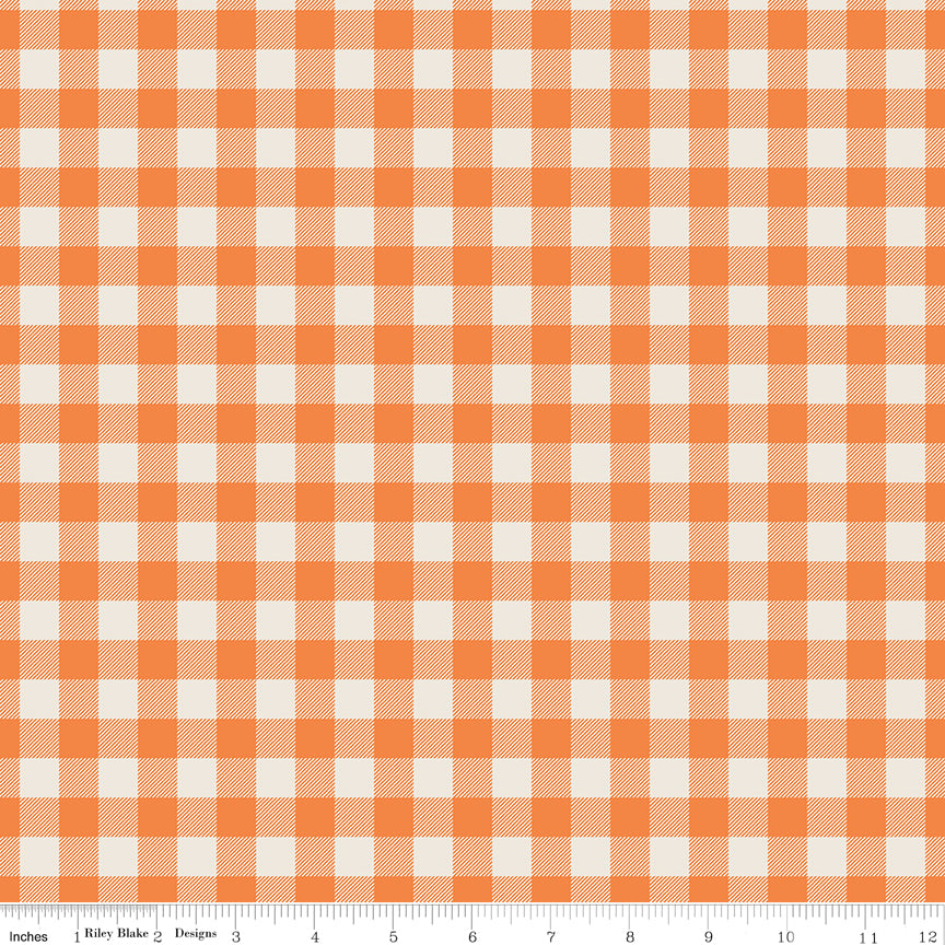 Cotton quilting fabric pattern called 'Plaid in Pumpkin'. Part of the 'Pumpkin Spice' fabric collection. Designed by Simple Simon & Company for fabric company Riley Blake. SKU: C14995-PUMPKIN. 44-45 inch width.