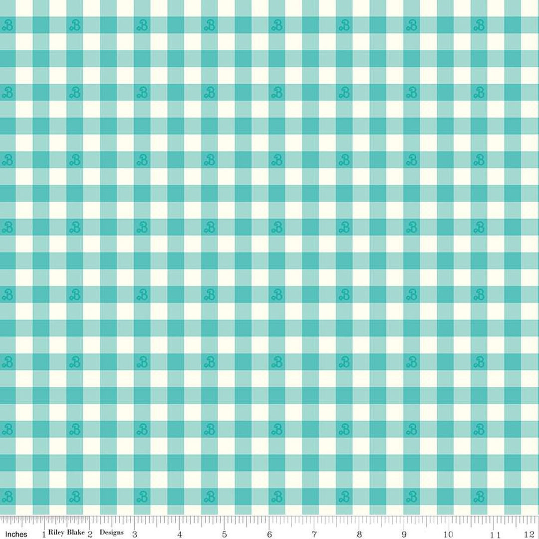 Cotton quilting fabric pattern called 'Barbie Gingham Teal'. Part of the 'Barbie World' fabric collection. Designed by Riley Blake Designs for fabric company Riley Blake. SKU: C15024-TEAL. 44-45 inch width.