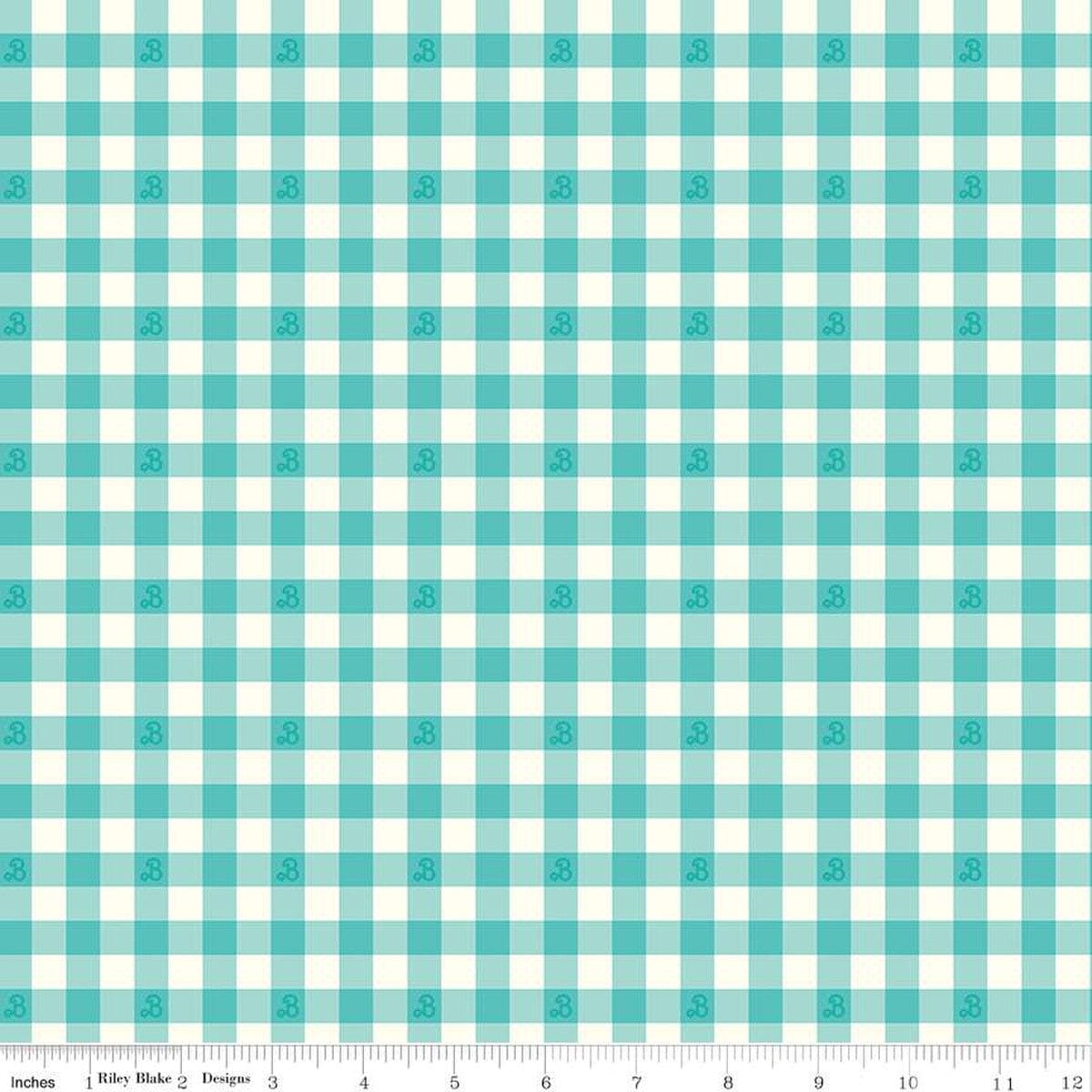 Cotton quilting fabric pattern called 'Barbie Gingham Teal'. Part of the 'Barbie World' fabric collection. Designed by Riley Blake Designs for fabric company Riley Blake. SKU: C15024-TEAL. 44-45 inch width.