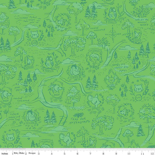 Cotton quilting fabric pattern called '100 Aker Woods Map in Green'. Part of the '100 Aker Woods' fabric collection. Designed by Jill Howarth for fabric company Riley Blake. SKU: C15171-GREEN. 44-45 inch width.