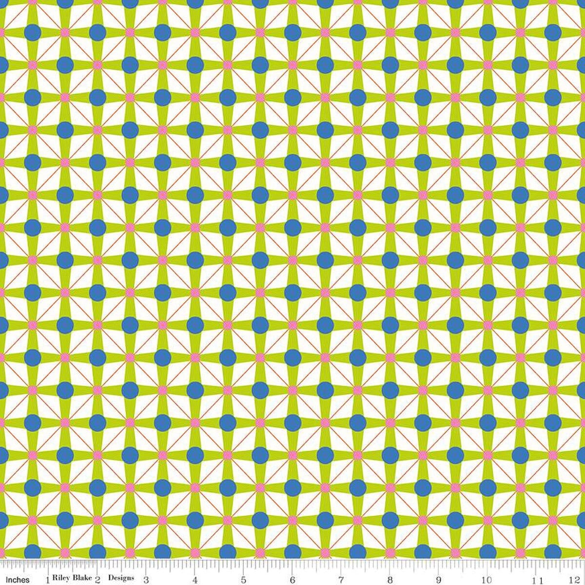 A closeup shot of the quilting fabric pattern called Geo Lime, designed by Sue Daley for Riley Blake Designs, in the lime colorway. The SKU is C15332-LIME.