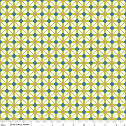 A closeup shot of the quilting fabric pattern called Geo Lime, designed by Sue Daley for Riley Blake Designs, in the lime colorway. The SKU is C15332-LIME.