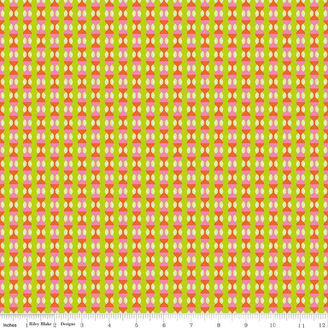 A closeup shot of the quilting fabric pattern called Ogee Lime, designed by Sue Daley for Riley Blake Designs, in the lime colorway. The SKU is C15334-LIME.