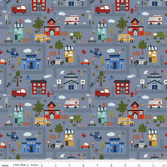 A closeup shot of the quilting fabric pattern called It Takes a Village, designed by Jennifer Long for Riley Blake, in the smoke colorway. The SKU is C15460-SMOKE.