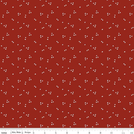 A closeup shot of the quilting fabric pattern called Shining Star, designed by Jennifer Long for Riley Blake, in the fire truck red colorway. The SKU is C15466-FIRETRUCK.