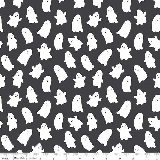 A closeup shot of the quilting fabric pattern called Ghosts, designed by My Mind's Eye for Riley Blake, in the charcoal colorway. The SKU is C16032-CHARCOAL.