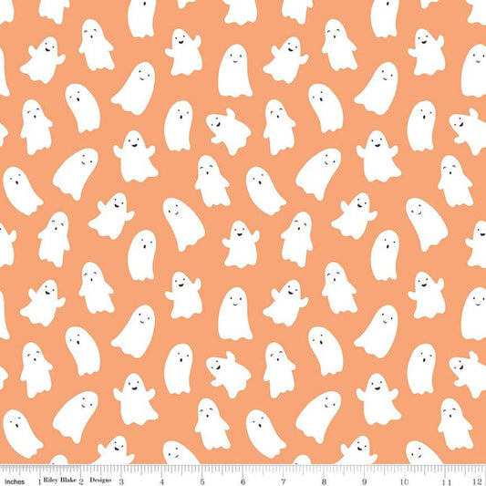 A closeup shot of the quilting fabric pattern called Ghosts, designed by My Mind's Eye for Riley Blake, in the pumpkin colorway. The SKU is C16032-PUMPKIN.