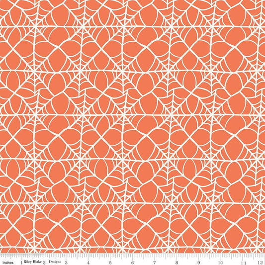 A closeup shot of the quilting fabric pattern called Webs, designed by My Mind's Eye for Riley Blake, in the orange colorway. The SKU is C16033-ORANGE.
