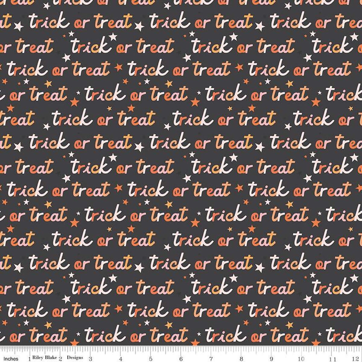A closeup shot of the quilting fabric pattern called Trick or Treat, designed by My Mind's Eye for Riley Blake, in the charcoal colorway. The SKU is C16034-CHARCOAL.