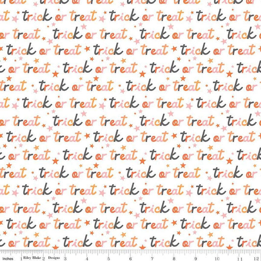 A closeup shot of the quilting fabric pattern called Trick or Treat, designed by My Mind's Eye for Riley Blake, in the white colorway. The SKU is C16034-WHITE.