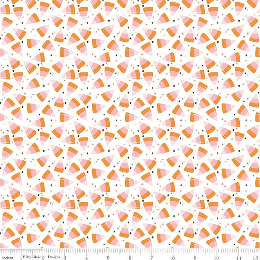 A closeup shot of the quilting fabric pattern called Corn Candy, designed by My Mind's Eye for Riley Blake, in the white colorway. The SKU is C16035-WHITE.