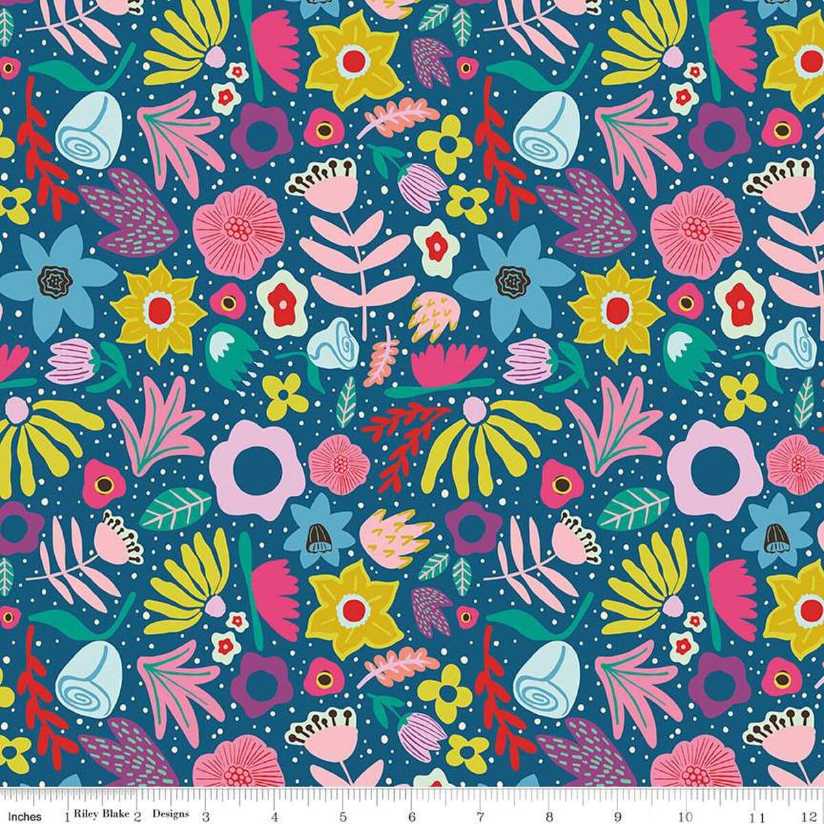 A closeup shot of the quilting fabric pattern called Along the Way, designed by Genesis Hall, in the denim colorway. The SKU is C16931-DENIM.