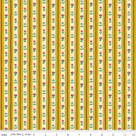 A closeup shot of the quilting fabric pattern called Bavarian Blooms, designed by Genesis Hall, in the curry colorway. The SKU is C16934-CURRY.