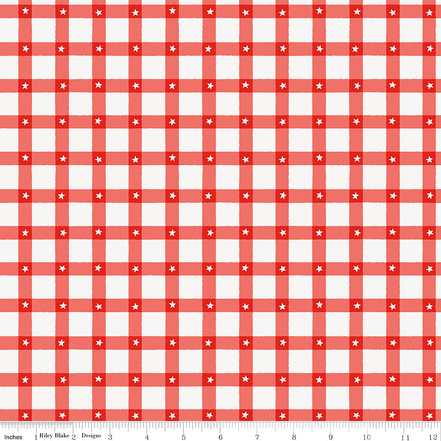 Plaid Red Hen quilting fabric, part of the Firecracker fabric collection by My Mind's Eye (SKU: C17202-REDHEN)