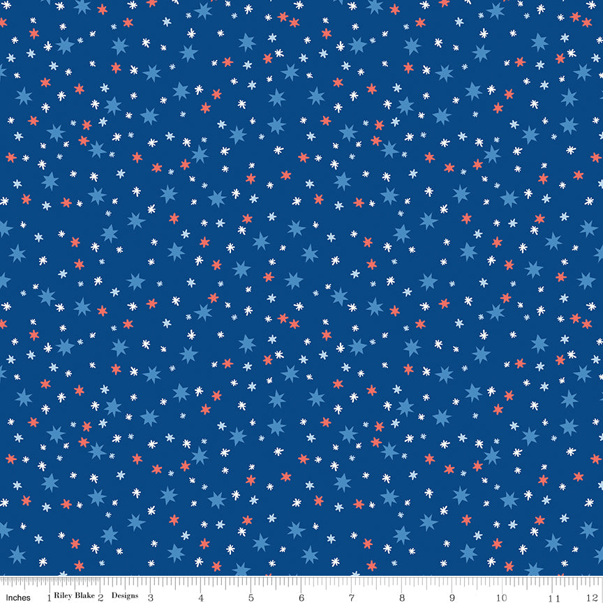 Stars Blue quilting fabric, part of the Firecracker fabric collection by My Mind's Eye (SKU: C17204-BLUE)