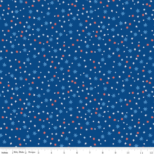 Stars Blue quilting fabric, part of the Firecracker fabric collection by My Mind's Eye (SKU: C17204-BLUE)