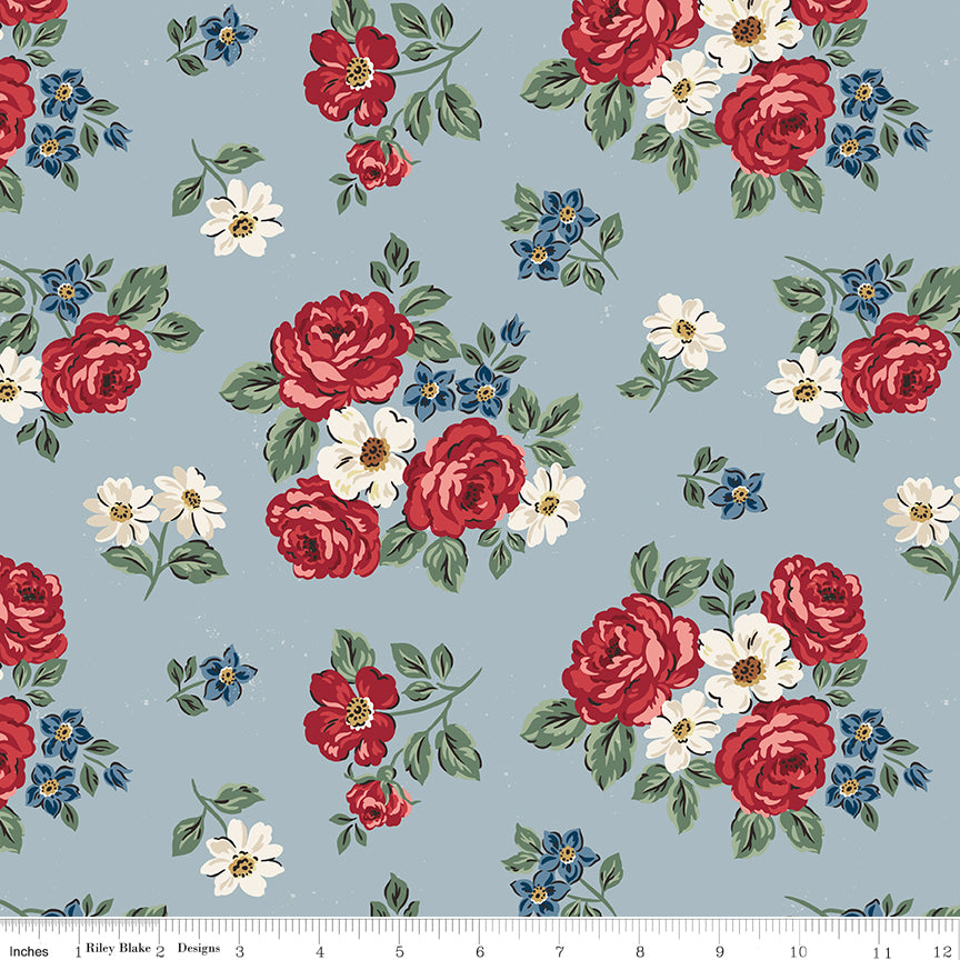 Floral in Blue quilting fabric, part of the Independence fabric collection by The RBD Designers (SKU: C17331-BLUE)