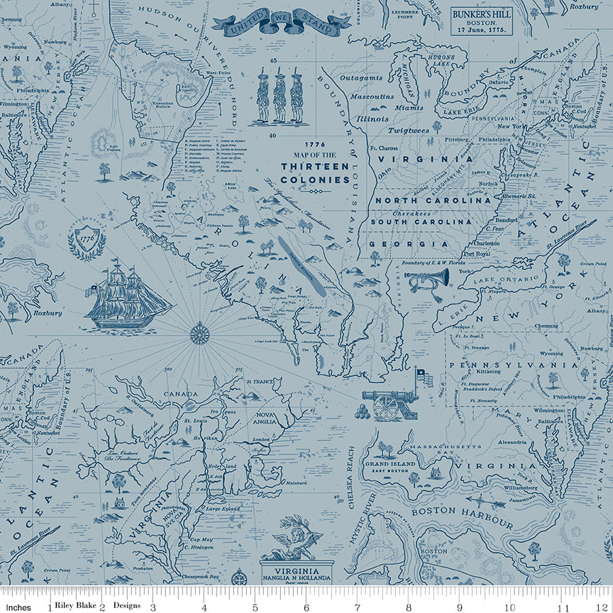 Colonial Map in Blue quilting fabric, part of the Independence fabric collection by The RBD Designers (SKU: C17332-BLUE)