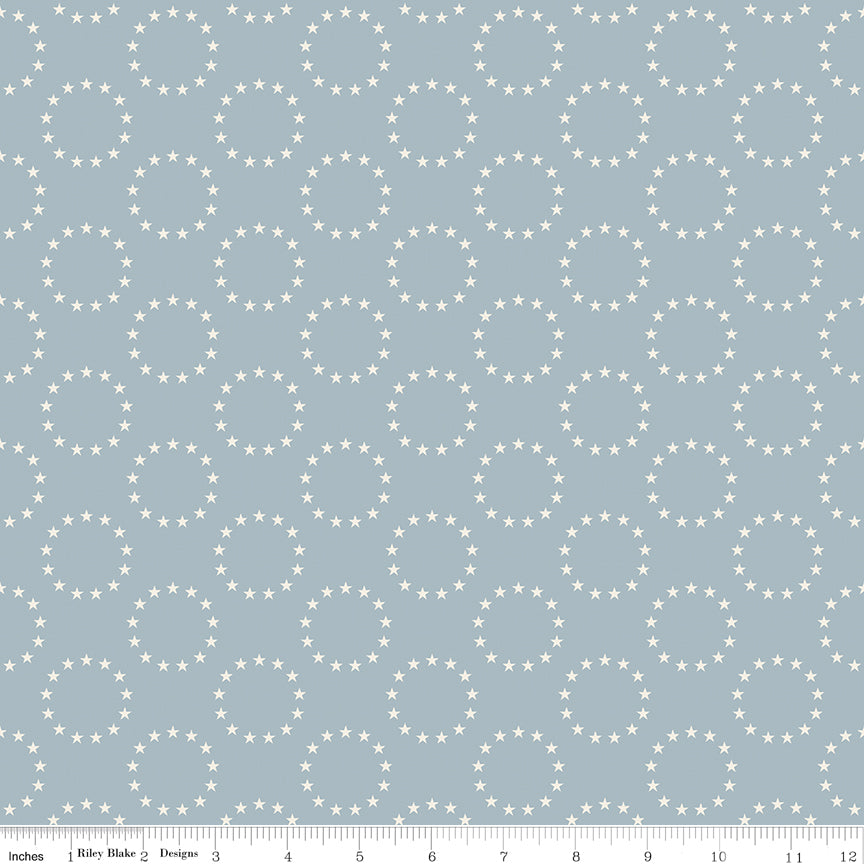 13 Colonies in Blue quilting fabric, part of the Independence fabric collection by The RBD Designers (SKU: C17336-BLUE)