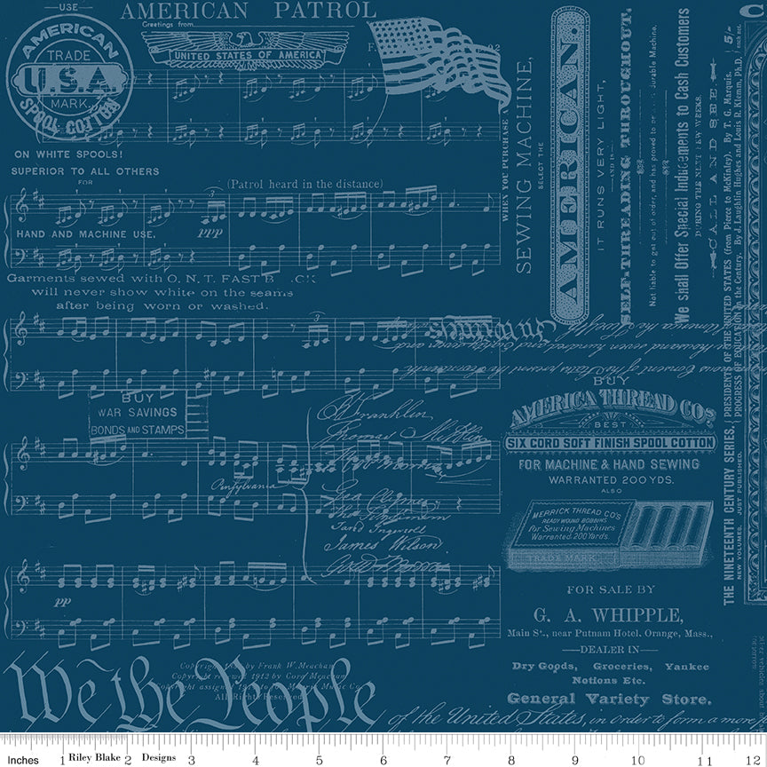 Patriotic Text Blue quilting fabric, part of the Sew America fabric collection by J. Wecker Frisch (SKU: C17345-BLUE)