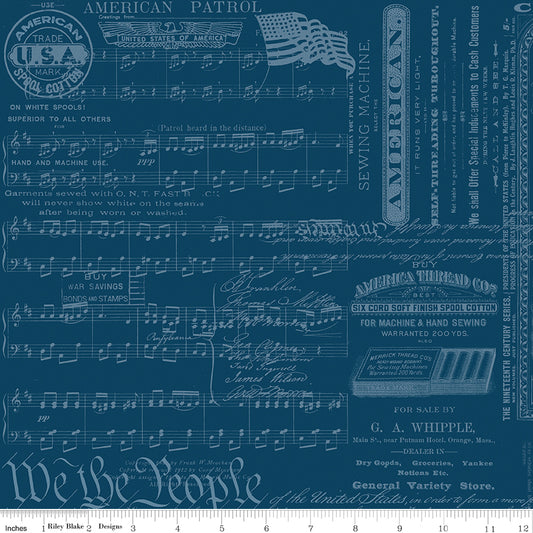 Patriotic Text Blue quilting fabric, part of the Sew America fabric collection by J. Wecker Frisch (SKU: C17345-BLUE)