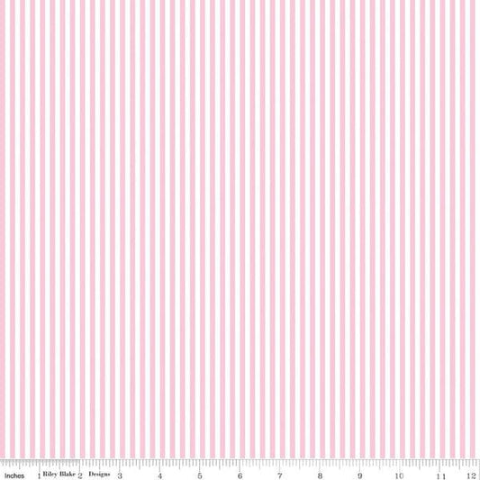 Cotton quilting fabric pattern called '1/8" Stripe in Peony'. Part of the 'Stripes' fabric collection. Designed by The RBD Designers for fabric company Riley Blake. SKU: C495-PEONY. 44-45 inch width.