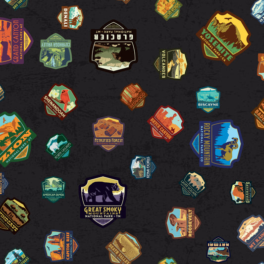 National Parks - Patches in Black - Anderson Design Group - C8782-BLACK - Half Yard