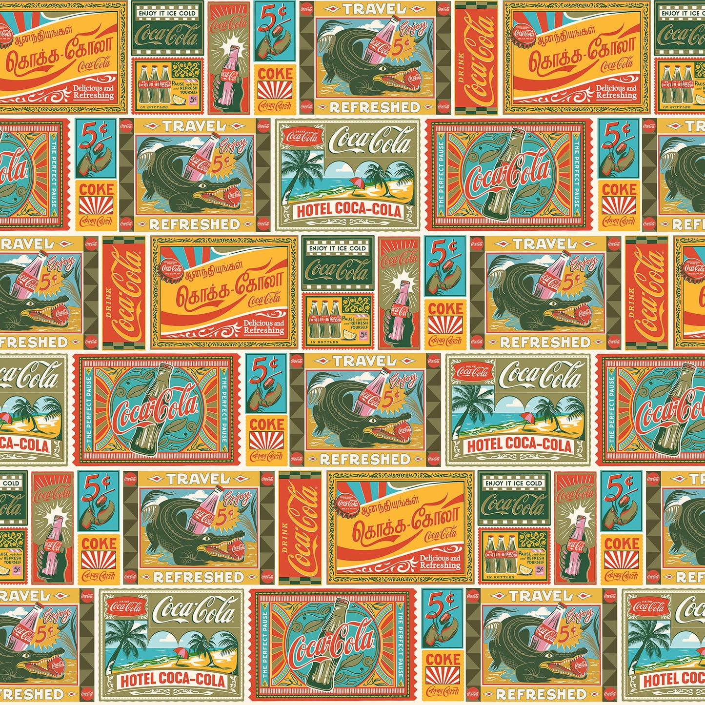Coke Stickers quilting fabric, part ofd the Coca-Cola Tropical Escape fabric collection by Northcott (SKU: CC1042-52)