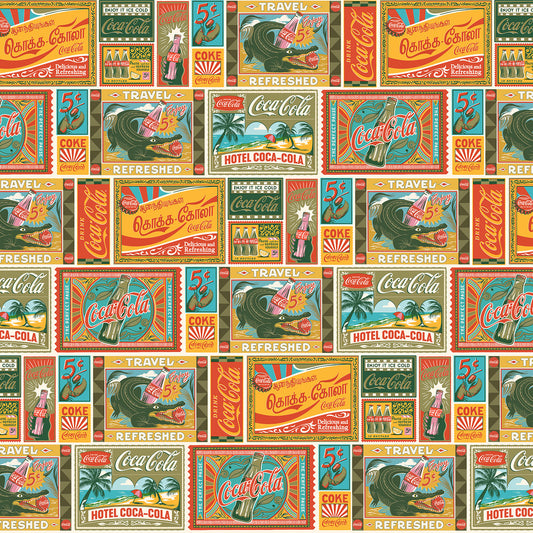 Coke Stickers quilting fabric, part ofd the Coca-Cola Tropical Escape fabric collection by Northcott (SKU: CC1042-52)