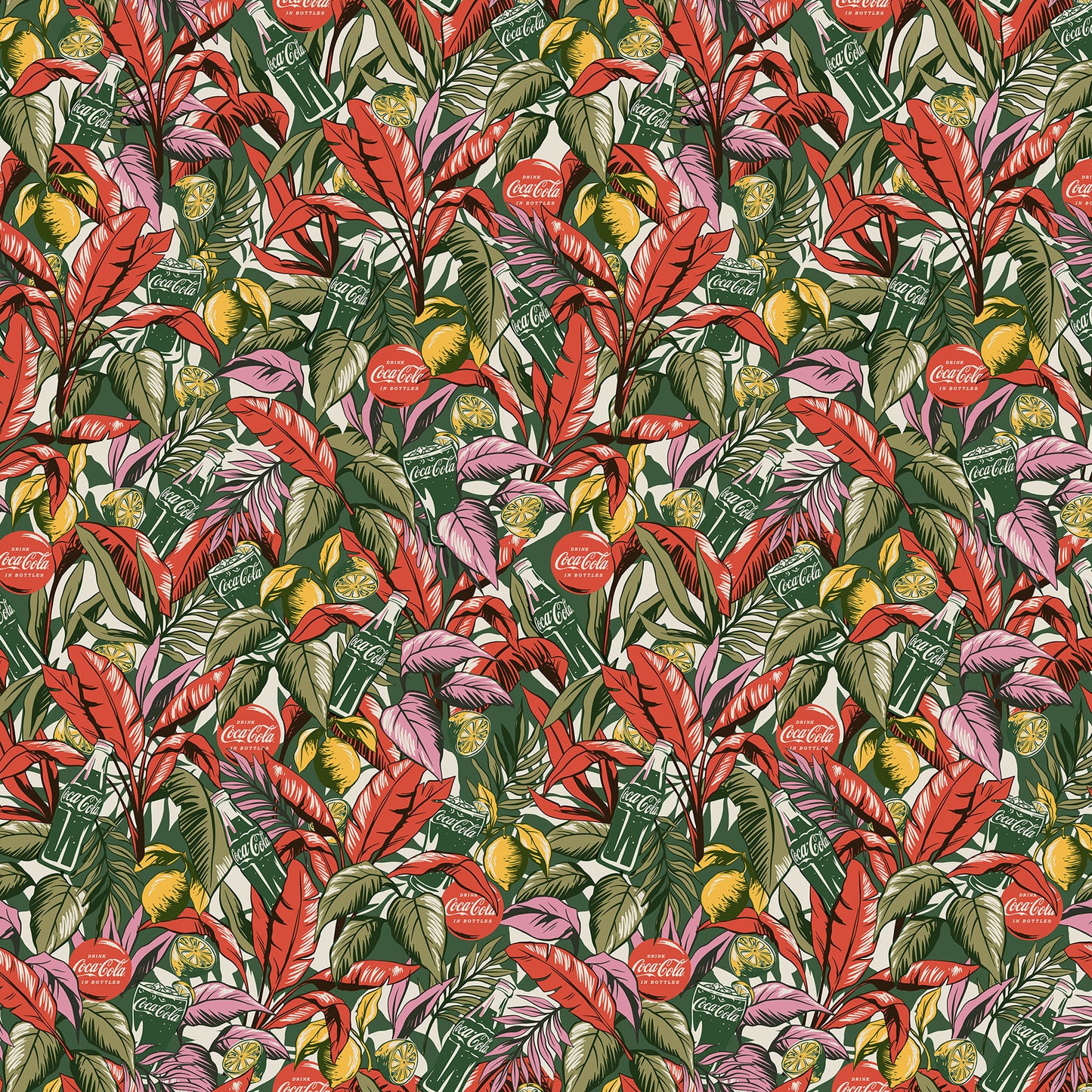 Leafy Coke quilting fabric, part of the Coca-Cola Tropical Escape fabric collection by Northcott (SKU: CC1043-76)