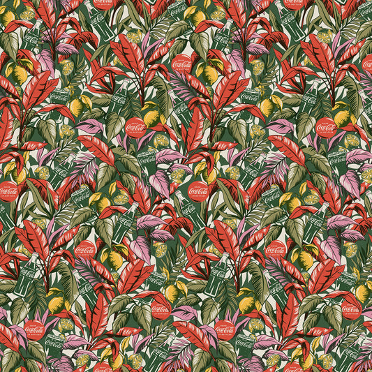 Leafy Coke quilting fabric, part of the Coca-Cola Tropical Escape fabric collection by Northcott (SKU: CC1043-76)