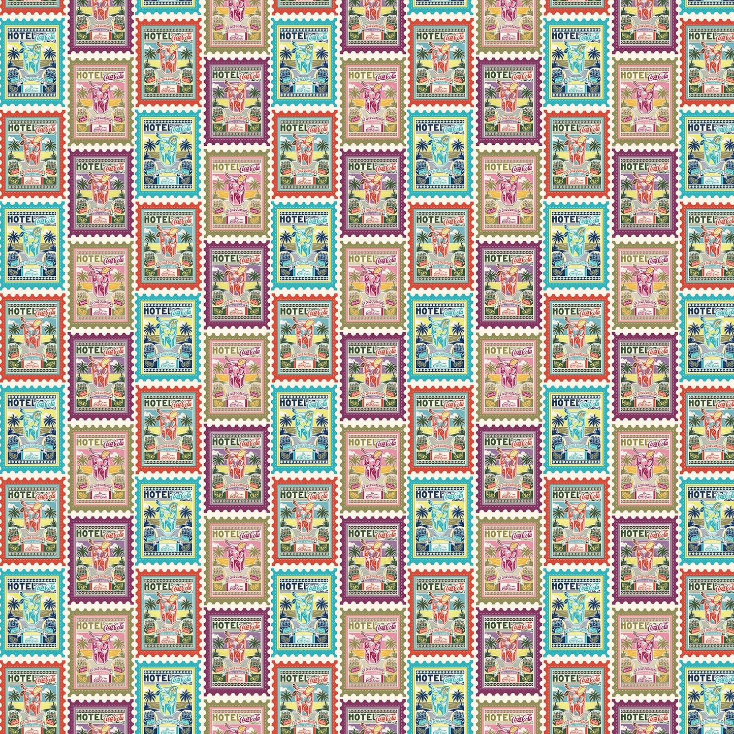 Hotel Coca-Cola quilting fabric, part of the Coca-Cola Tropical Escape fabric collection by Northcott (SKU: CC1046-10)