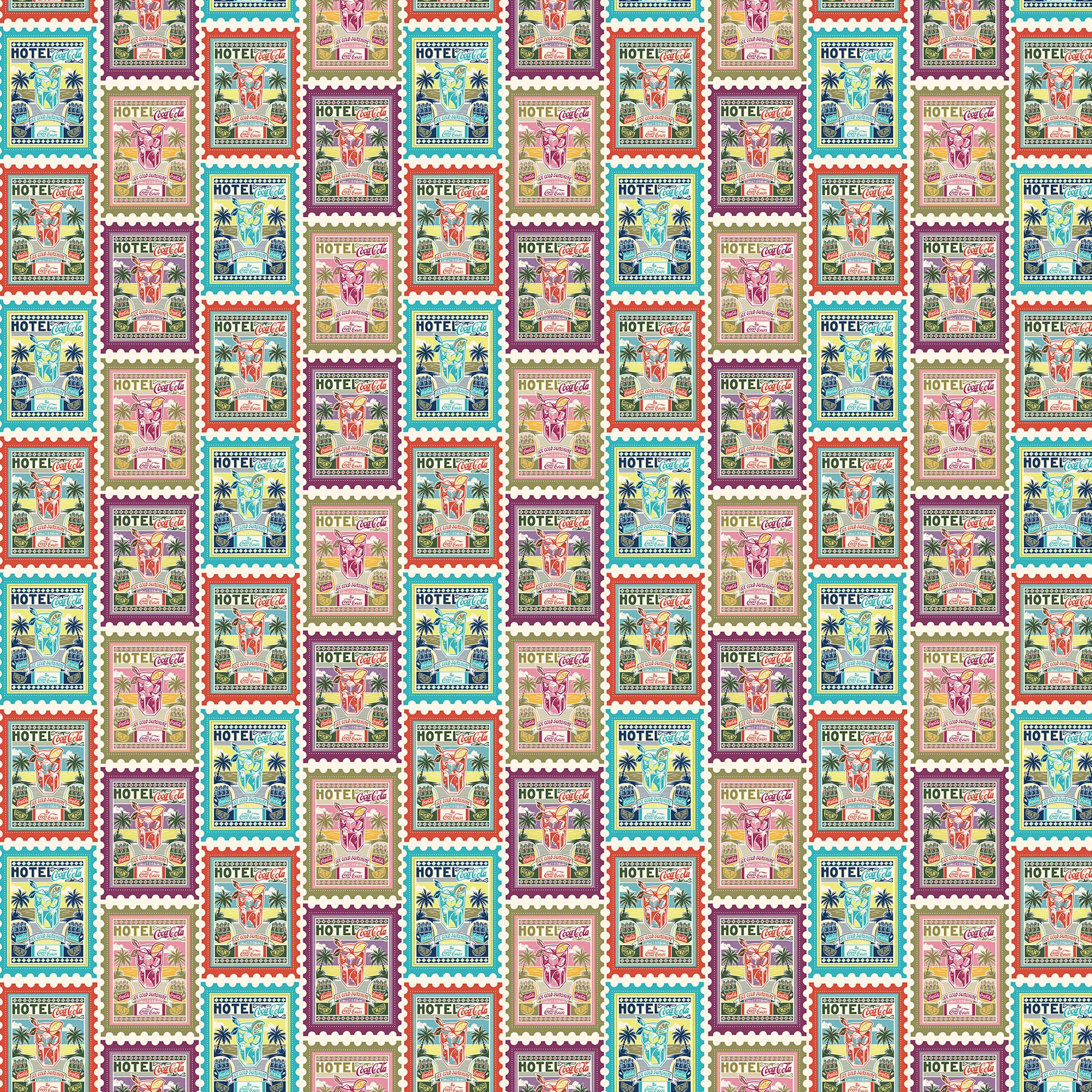 Hotel Coca-Cola quilting fabric, part of the Coca-Cola Tropical Escape fabric collection by Northcott (SKU: CC1046-10)
