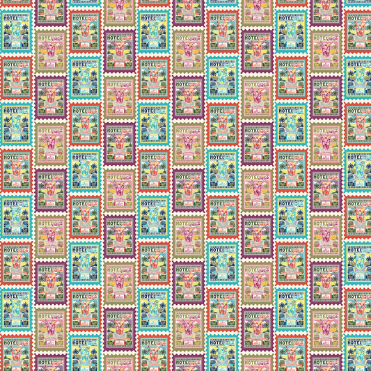 Hotel Coca-Cola quilting fabric, part of the Coca-Cola Tropical Escape fabric collection by Northcott (SKU: CC1046-10)