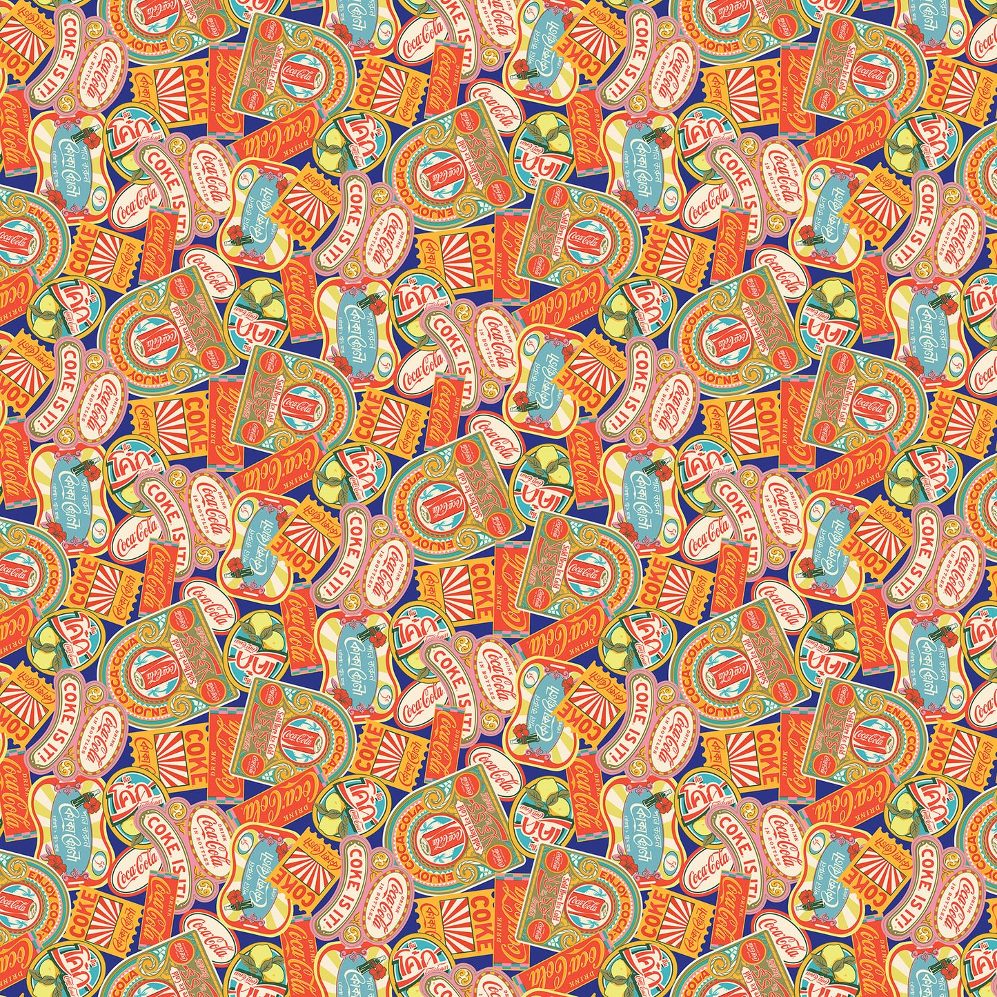 Coke Signs quilting fabric, part of the Coca-Cola Tropical Escape fabric collection by Northcott (SKU: CC1049-47)