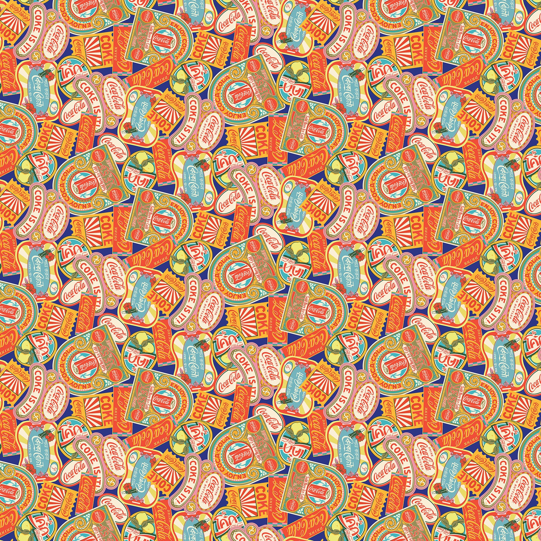 Coke Signs quilting fabric, part of the Coca-Cola Tropical Escape fabric collection by Northcott (SKU: CC1049-47)