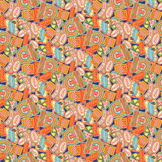 Coke Signs quilting fabric, part of the Coca-Cola Tropical Escape fabric collection by Northcott (SKU: CC1049-47)