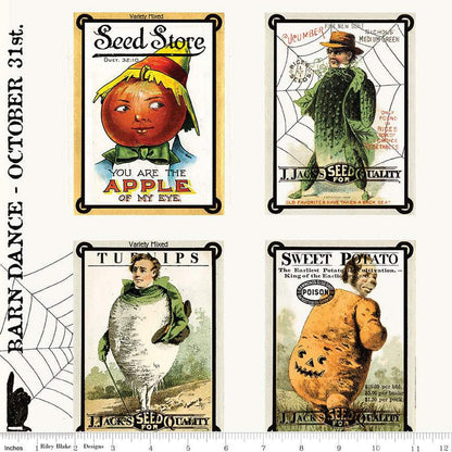 Cotton quilting fabric pattern called 'Seed Sacks Patch White'. Part of the 'Pumpkin Patch' fabric collection. Designed by Janet Wecker-Frisch for fabric company Riley Blake Designs. SKU: CD14576R-WHITE. 44-45 inch width.