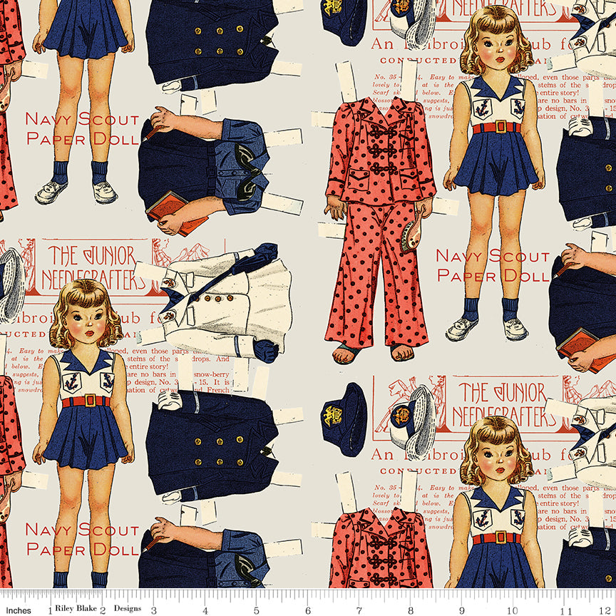 Navy Scout Paper Doll Gray quilting fabric, part of the Sew America fabric collection by J. Wecker Frisch (SKU: CD17344-GRAY)