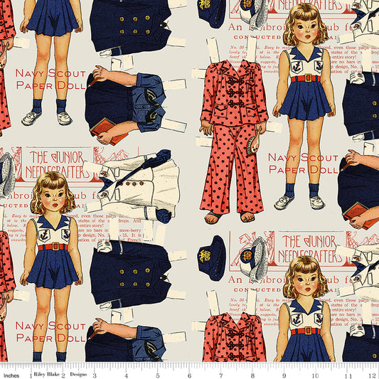 Navy Scout Paper Doll Gray quilting fabric, part of the Sew America fabric collection by J. Wecker Frisch (SKU: CD17344-GRAY)