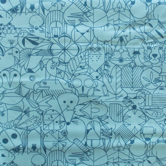 Cotton quilting fabric pattern called 'End Papers in Blue Raspberry'. Part of the 'End Papers' fabric collection. Designed by Charley Harper for fabric company Birch Fabrics. SKU: CH-300-BLUERAZZ. 44-45 inch width.