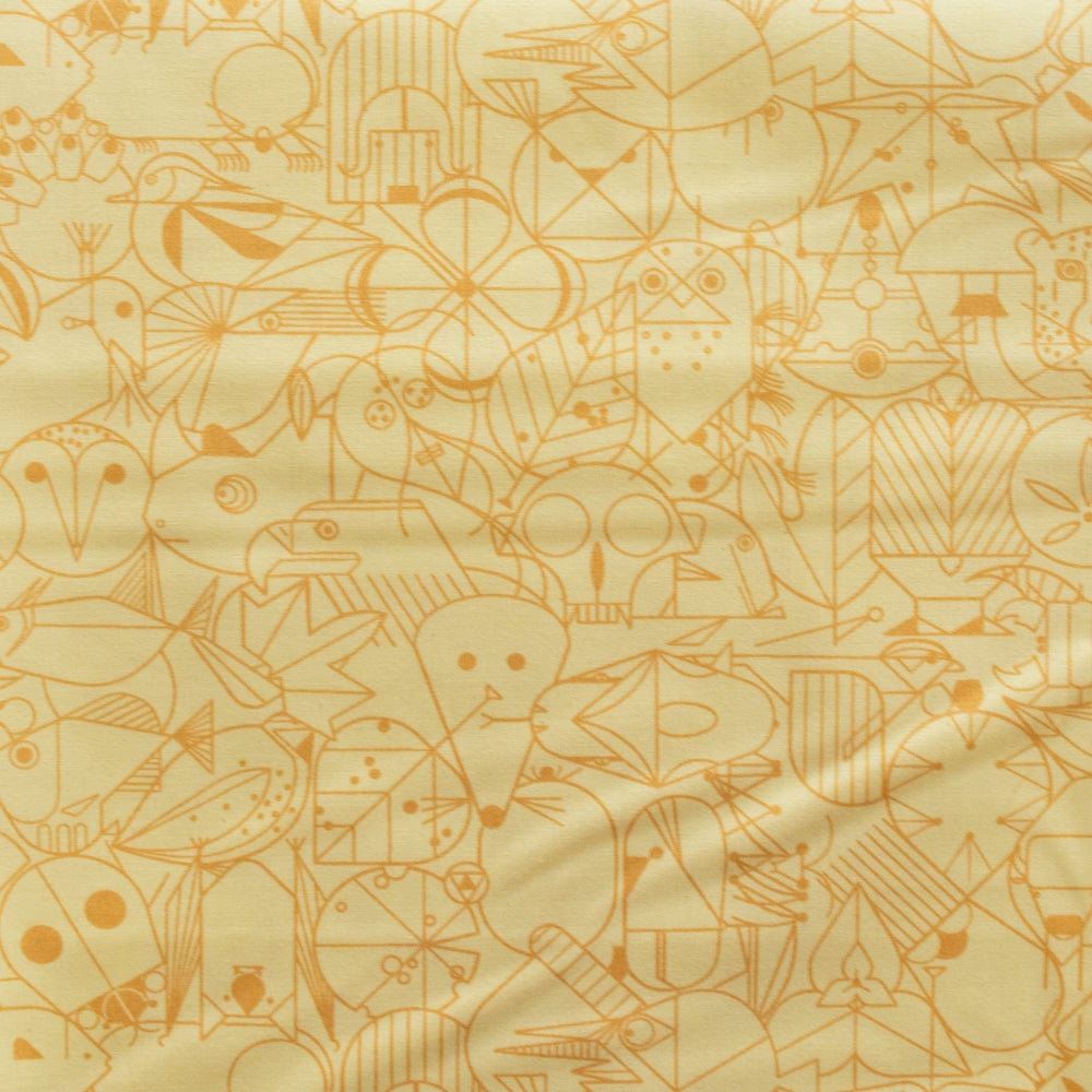 Cotton quilting fabric pattern called 'End Papers in Golden Meadow'. Part of the 'End Papers' fabric collection. Designed by Charley Harper for fabric company Birch Fabrics. SKU: CH-300-GOLDENMEADOW. 44-45 inch width.