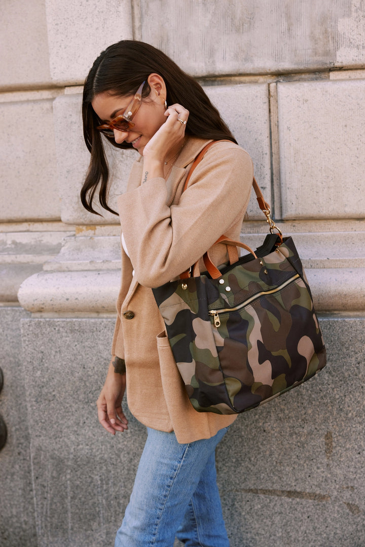 Codie - Camo Nylon Tote Bag with Leather Accents