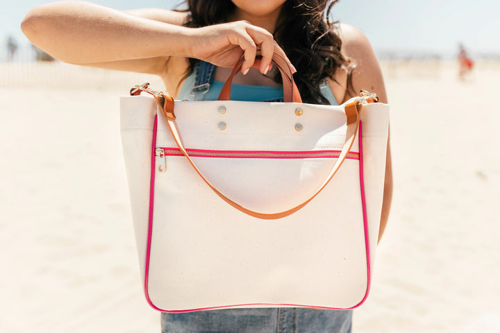 Codie - Pink Nylon Tote Bag with Leather Accents