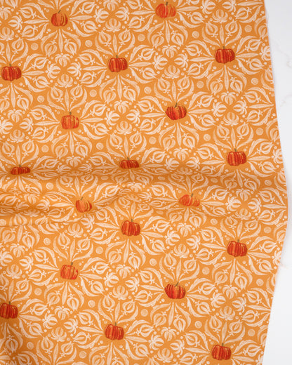 Medallion Tiles Damask Pumpkin quilting fabric, part of the Coven fabric collection by Robin Pickens (SKU: 48802 12)