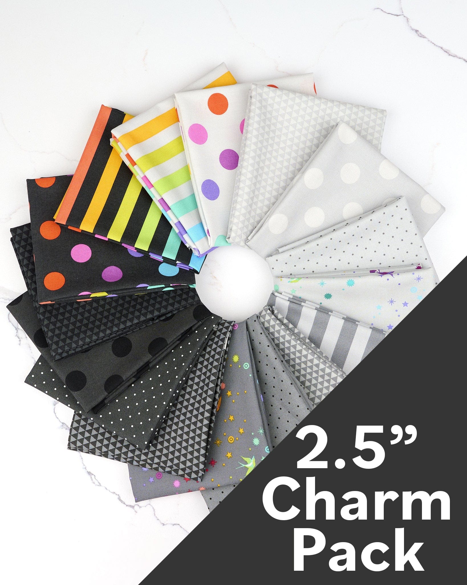 True Colors 2.5-Inch Mini Charm Pack by Tula Pink, fabric bundle of 42 pieces, Fall 2025 True Colors. SKU: FB18MCTP.GRAYWORK