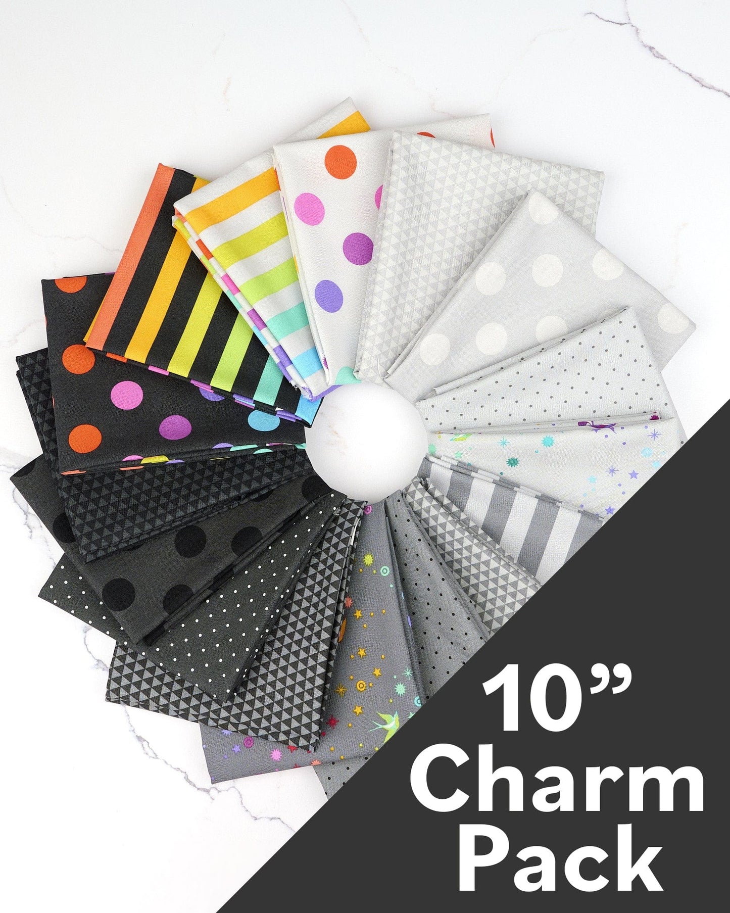 True Colors 10-Inch Charm Pack by Tula Pink, fabric bundle of 42 pieces, Fall 2025 True Colors fabric collection. SKU: FB610TP.GRAYWORK
